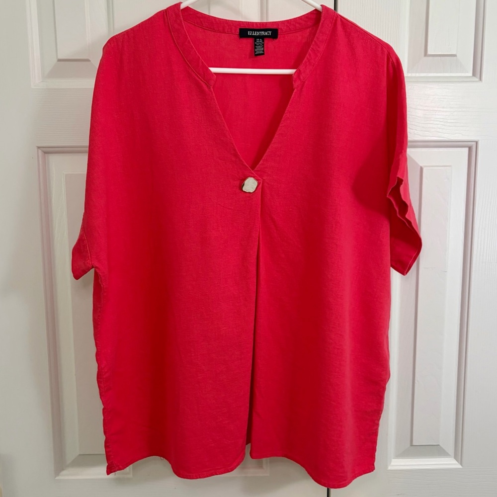 Ellen Tracy Linen Blend Lagenlook Boxy Vibrant Melon Pink Blouse Top Size XL